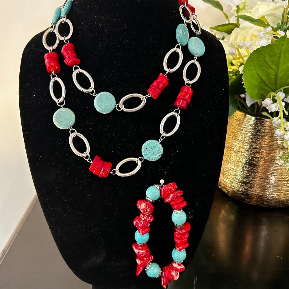 Southwestern Boho Turquoise & Red Natural Stone Necklace and Bracelet Set